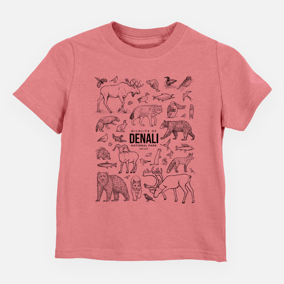 Mauve pink toddler t-shirt laid flat, printed with a collection of black ink wildlife illustrations surrounding the words Denali National Park.
