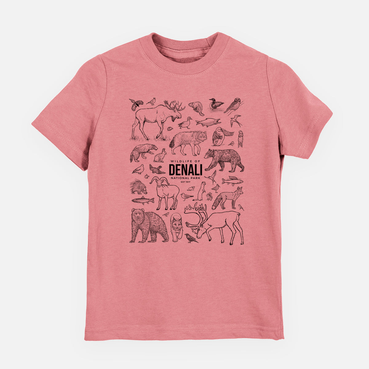 Mauve pink youth t-shirt laid flat, printed with a collection of black ink wildlife illustrations surrounding the words Denali National Park.
