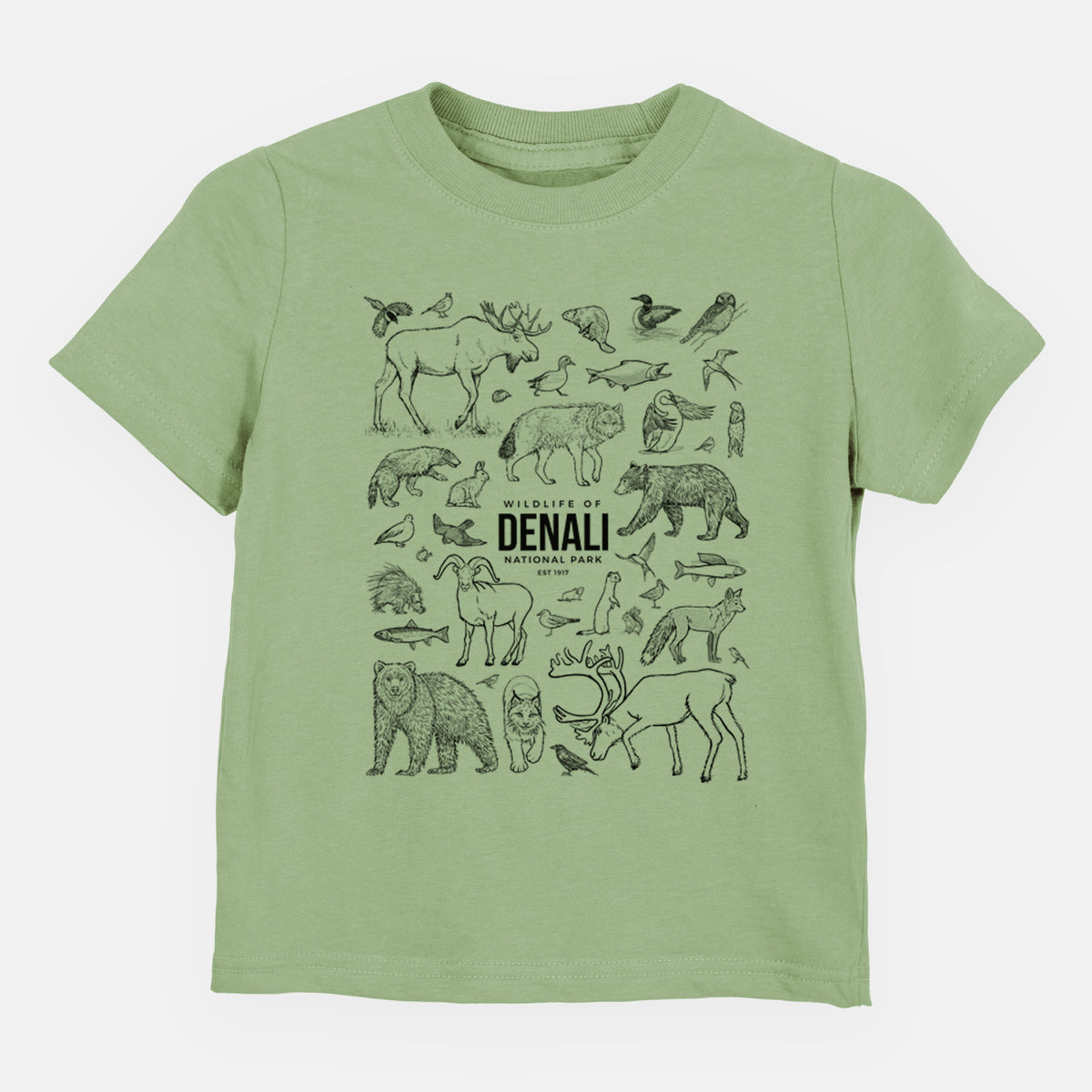 Sage green toddler t-shirt laid flat, printed with a collection of black ink wildlife illustrations surrounding the words Denali National Park.