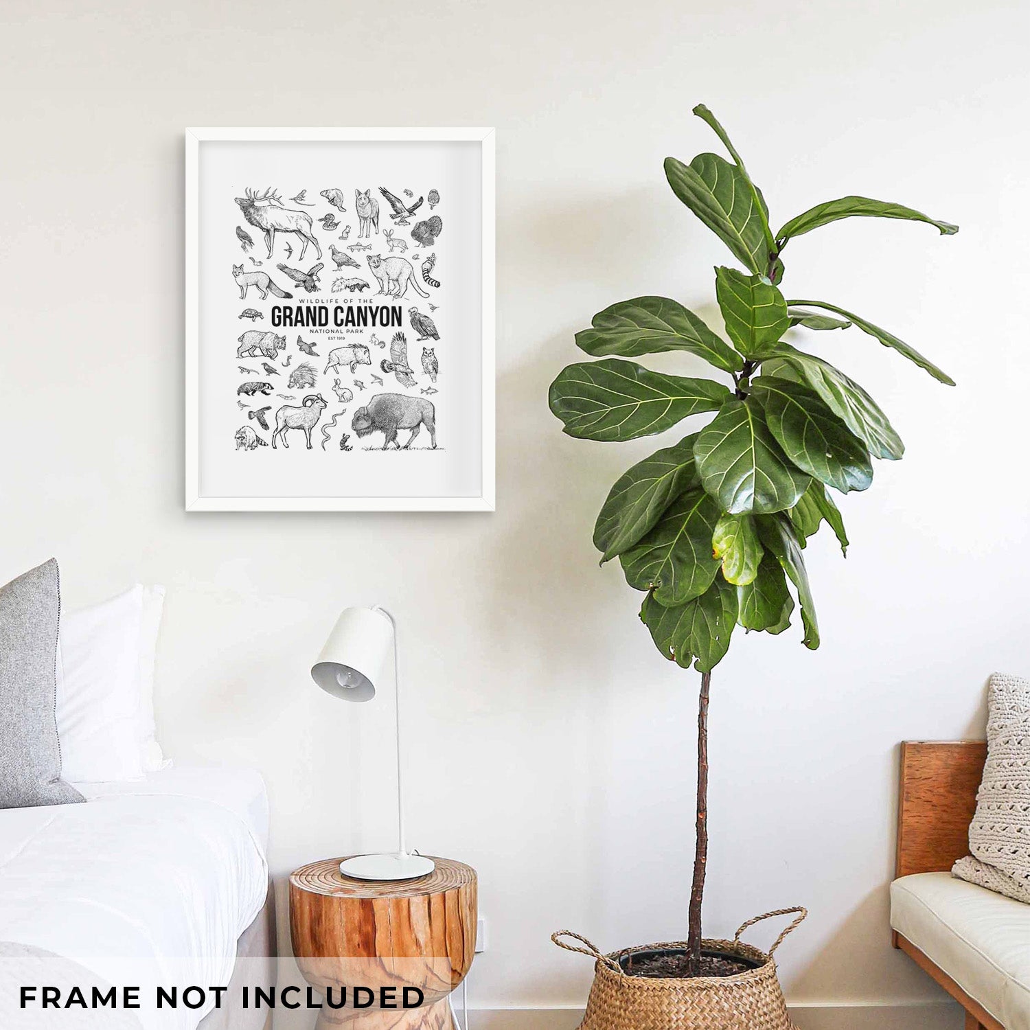 Art print of a collection of black ink wildlife illustrations surrounding the words Grand Canyon National Park, shown with eucalyptus leaves.