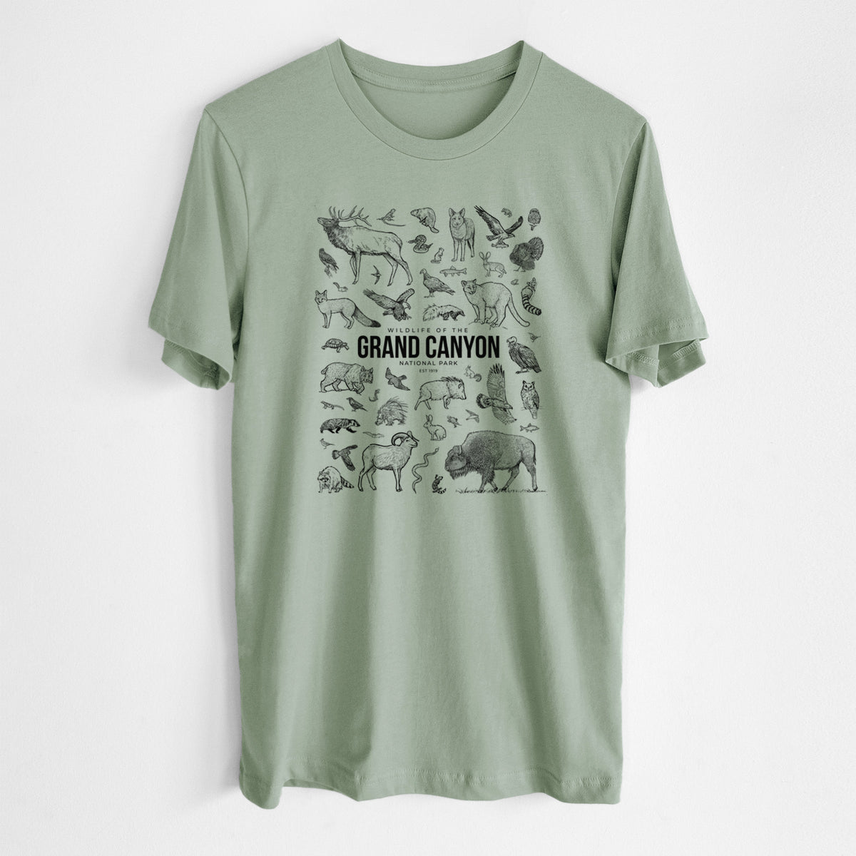 Sage green lightweight cotton t-shirt laid flat, printed with a collection of black ink wildlife illustrations surrounding the words Grand Canyon National Park.