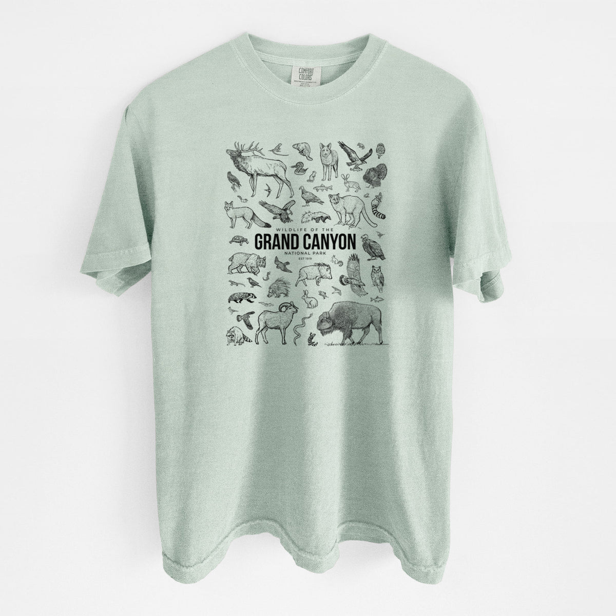 Bay green Comfort Colors t-shirt laid flat, printed with a collection of black ink wildlife illustrations surrounding the words Grand Canyon National Park.