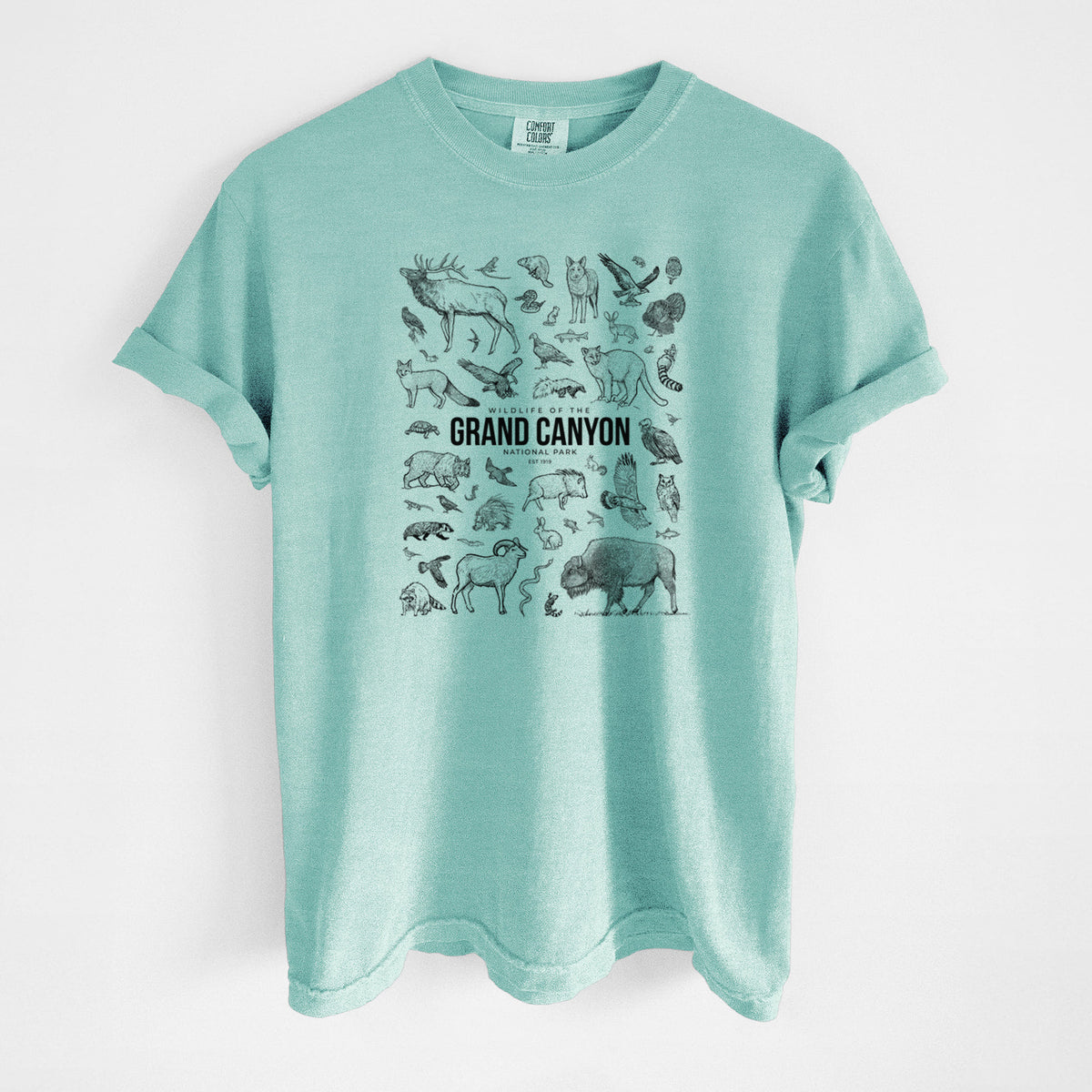 Chalky mint Comfort Colors t-shirt laid flat, printed with a collection of black ink wildlife illustrations surrounding the words Grand Canyon National Park.