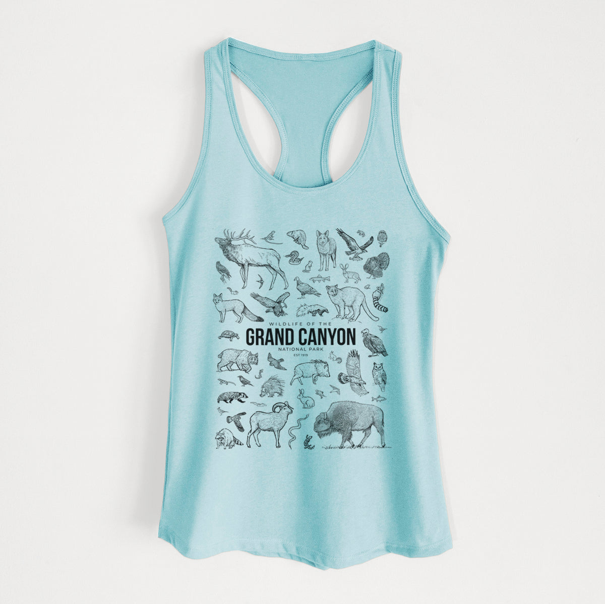 Cancun blue women's racerback tank top laid flat, printed with a collection of black ink wildlife illustrations surrounding the words Grand Canyon National Park.