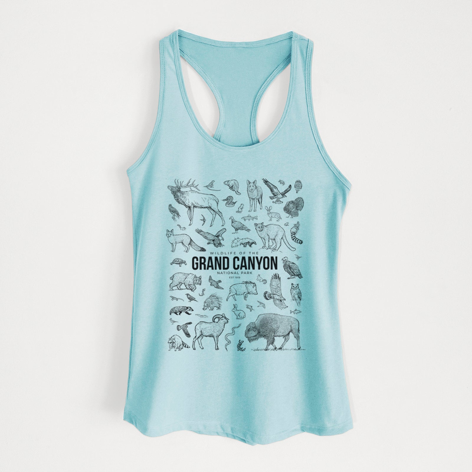 Banana cream women's racerback tank top laid flat, printed with a collection of black ink wildlife illustrations surrounding the words Grand Canyon National Park.