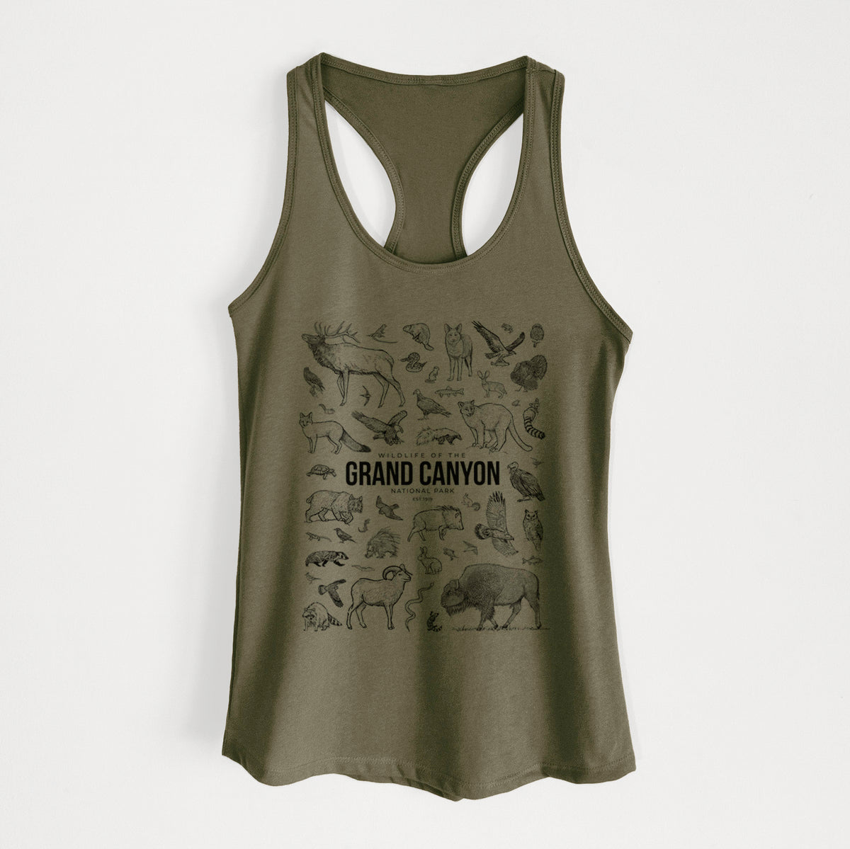 Military green women's racerback tank top laid flat, printed with a collection of black ink wildlife illustrations surrounding the words Grand Canyon National Park.