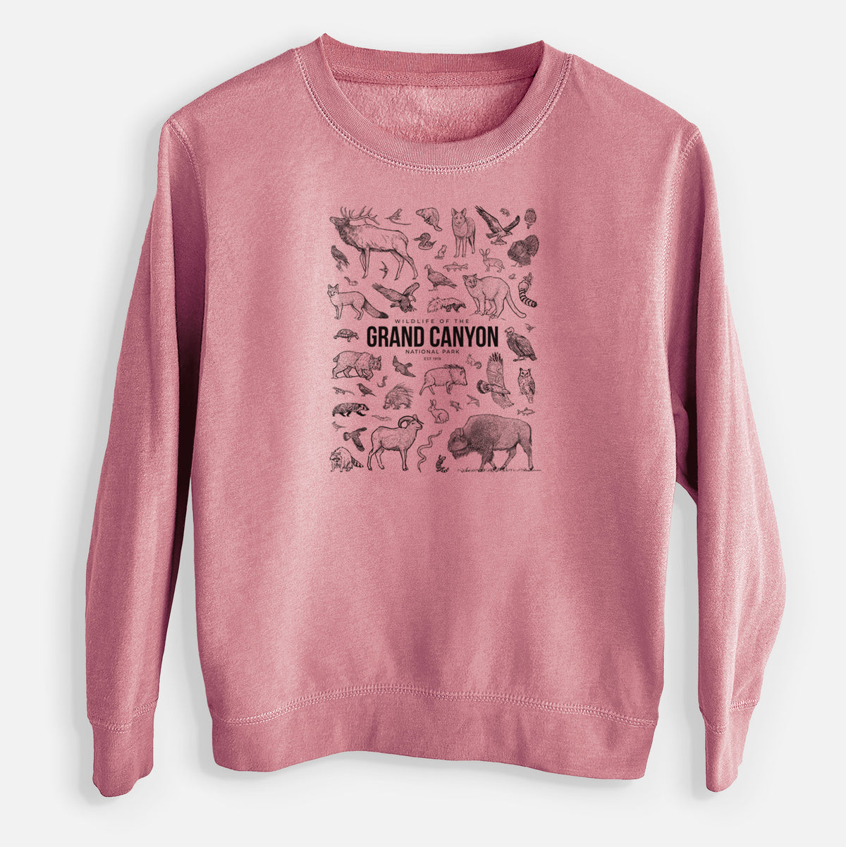 Mauve pink youth crewneck sweatshirt laid flat, printed with a collection of black ink wildlife illustrations surrounding the words Grand Canyon National Park.