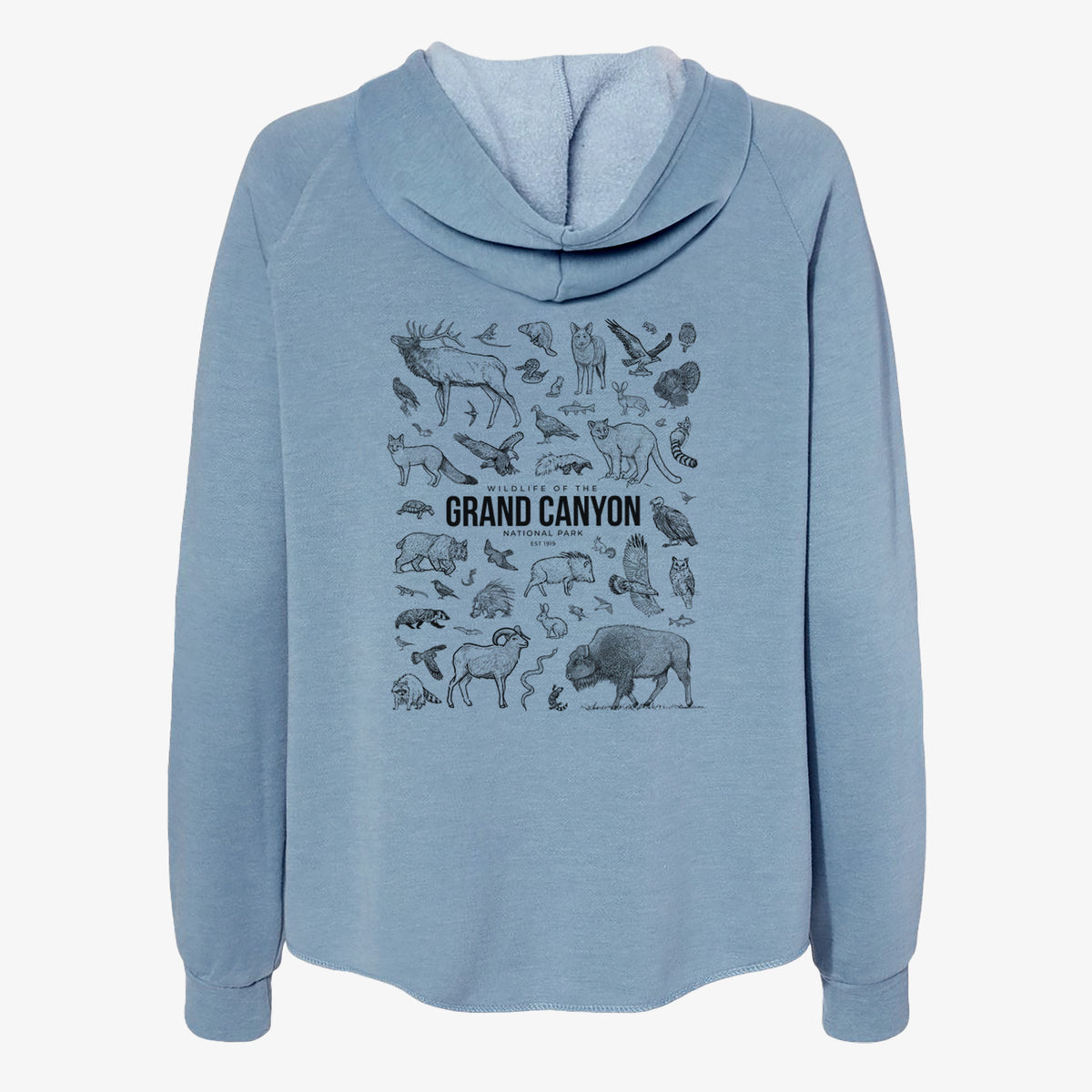 Misty blue women's Cali Wave zip-up sweatshirt laid flat, printed with a collection of black ink wildlife illustrations surrounding the words Grand Canyon National Park.