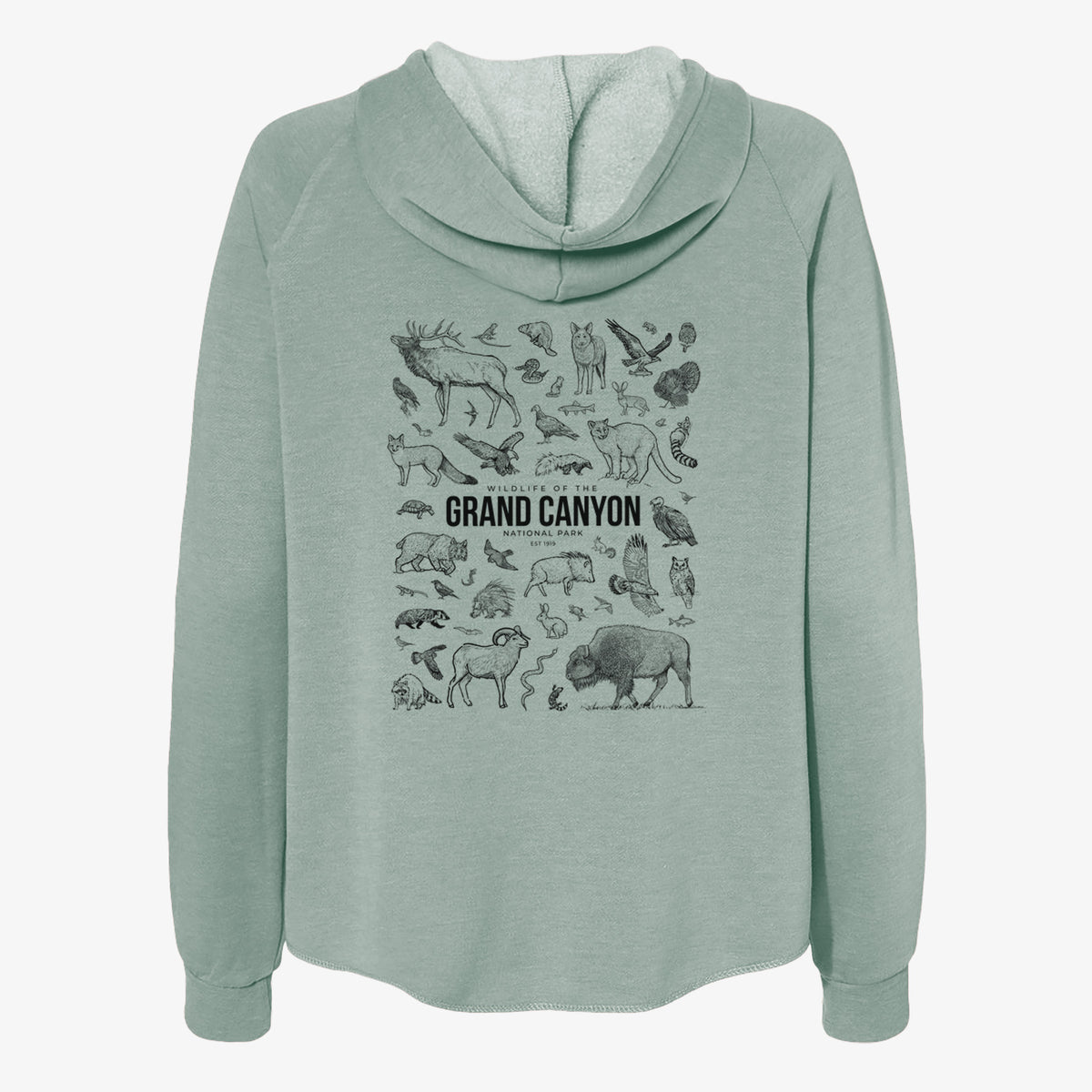 Sage green women's Cali Wave zip-up sweatshirt laid flat, printed with a collection of black ink wildlife illustrations surrounding the words Grand Canyon National Park.