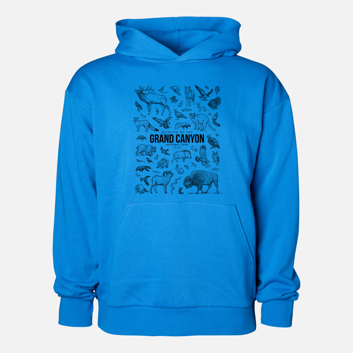 Wildlife of the Grand Canyon National Park - Statement Midweight Hoodie in Azure Blue, shown from the front with the design printed on the chest above a front kangaroo pocket.