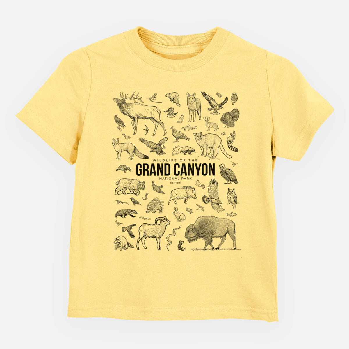 Butter yellow toddler t-shirt laid flat, printed with a collection of black ink wildlife illustrations surrounding the words Grand Canyon National Park.