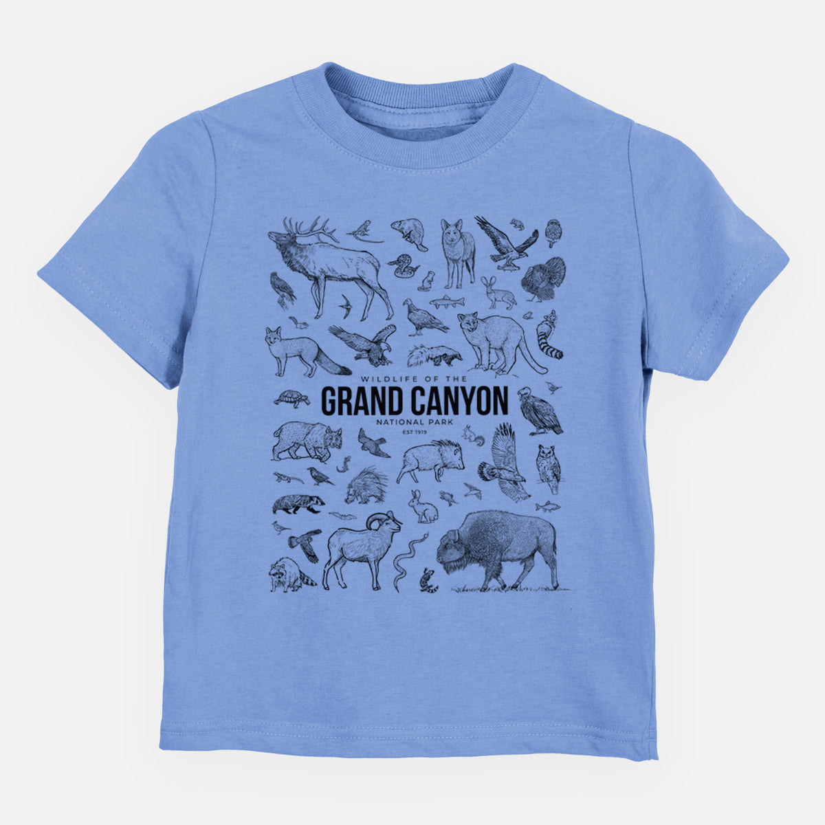 Carolina blue toddler t-shirt laid flat, printed with a collection of black ink wildlife illustrations surrounding the words Grand Canyon National Park.
