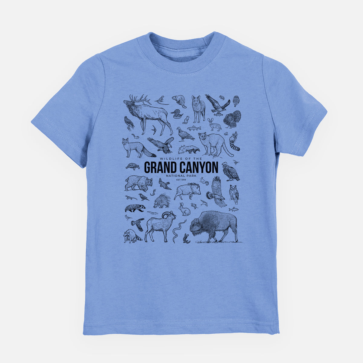 Carolina blue youth t-shirt laid flat, printed with a collection of black ink wildlife illustrations surrounding the words Grand Canyon National Park.