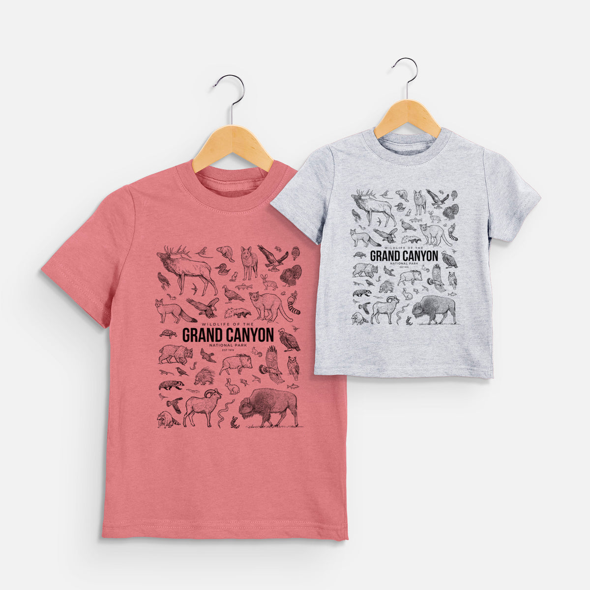 Two youth t-shirts in different colors on hangers, printed with a collection of black ink wildlife illustrations surrounding the words Grand Canyon National Park.