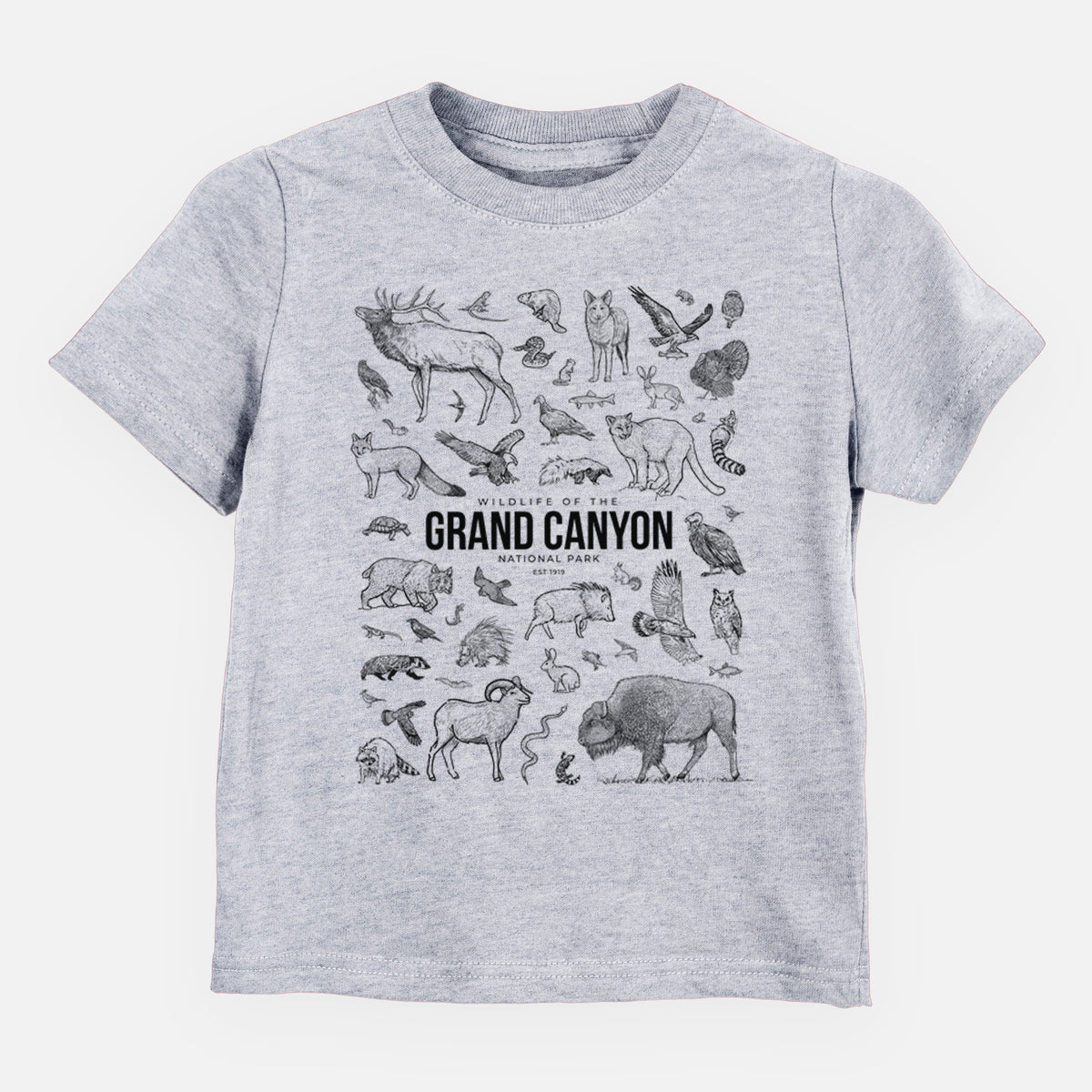 Heather grey toddler t-shirt laid flat, printed with a collection of black ink wildlife illustrations surrounding the words Grand Canyon National Park.