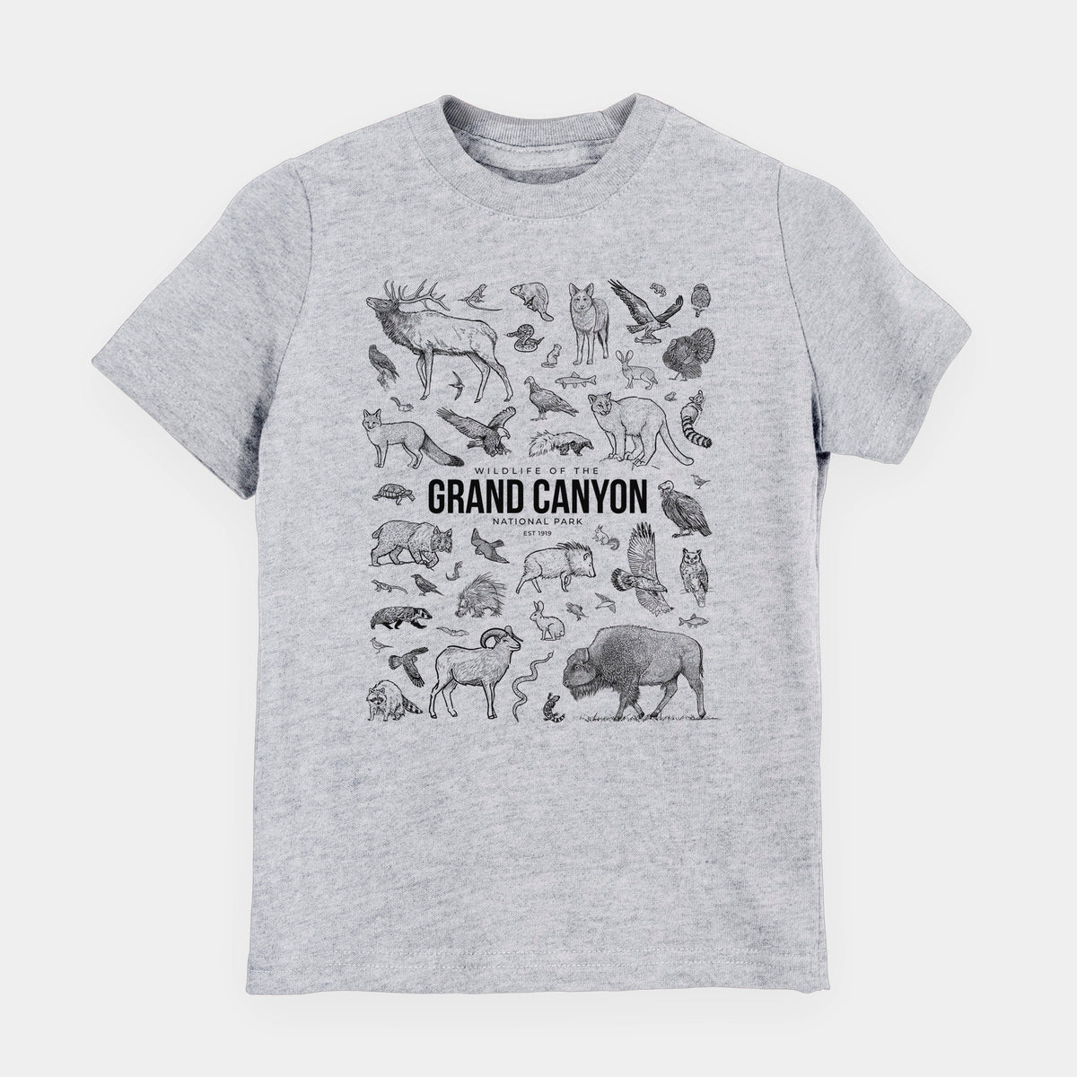 Heather grey youth t-shirt laid flat, printed with a collection of black ink wildlife illustrations surrounding the words Grand Canyon National Park.
