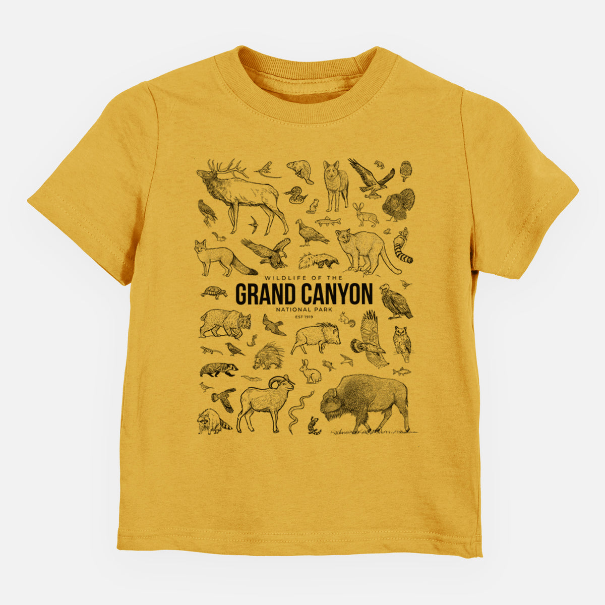 Honeycomb yellow toddler t-shirt laid flat, printed with a collection of black ink wildlife illustrations surrounding the words Grand Canyon National Park.