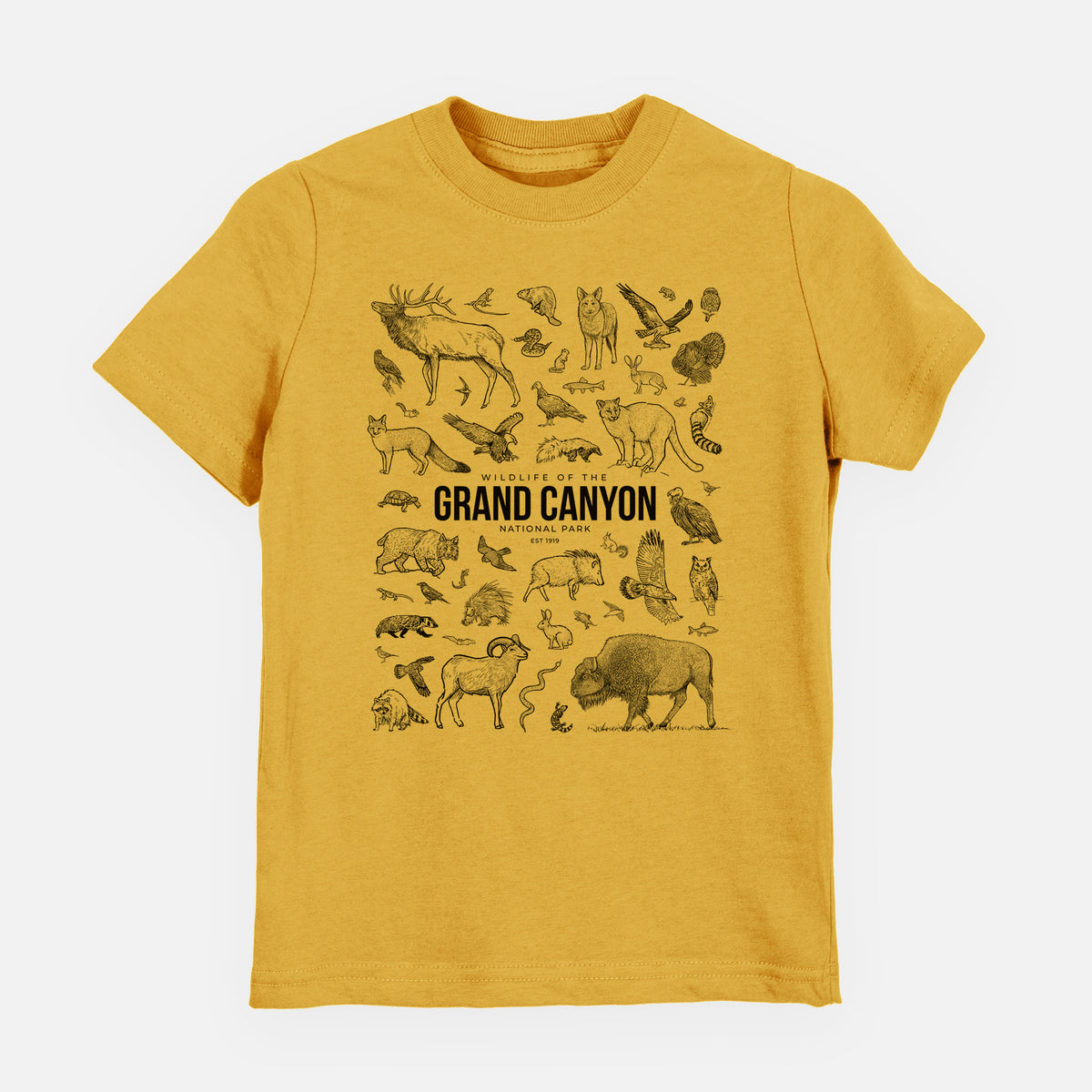 Honeycomb yellow youth t-shirt laid flat, printed with a collection of black ink wildlife illustrations surrounding the words Grand Canyon National Park.