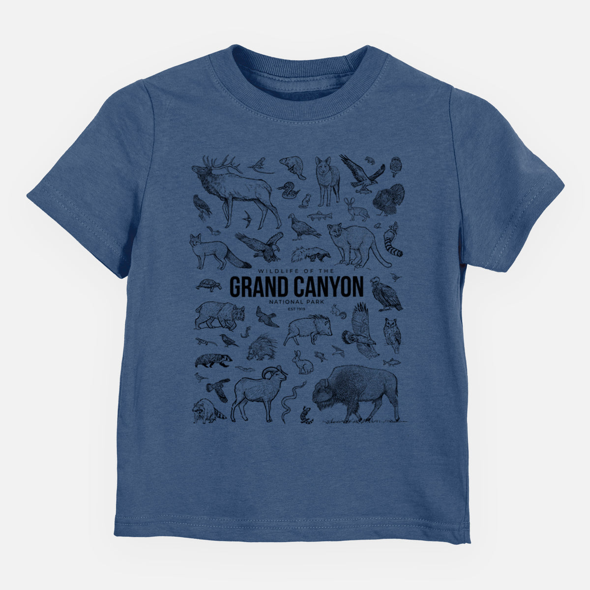 Indigo blue toddler t-shirt laid flat, printed with a collection of black ink wildlife illustrations surrounding the words Grand Canyon National Park.