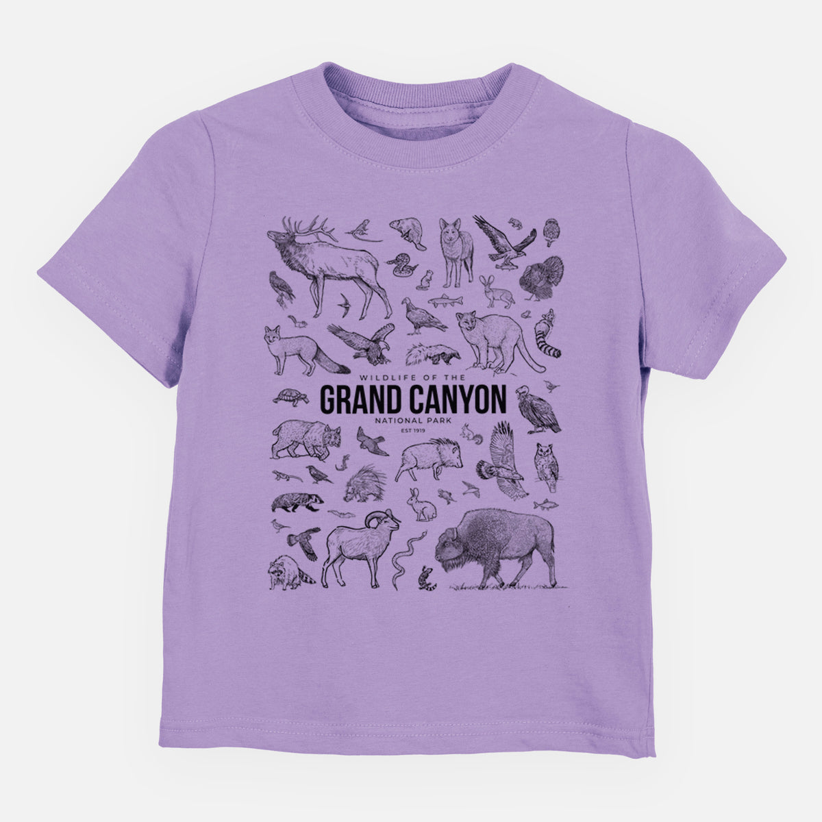 Lavender toddler t-shirt laid flat, printed with a collection of black ink wildlife illustrations surrounding the words Grand Canyon National Park.