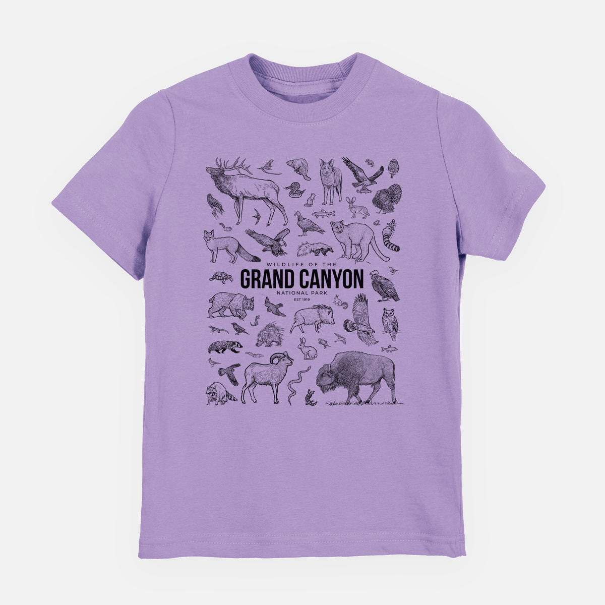 Lavender youth t-shirt laid flat, printed with a collection of black ink wildlife illustrations surrounding the words Grand Canyon National Park.