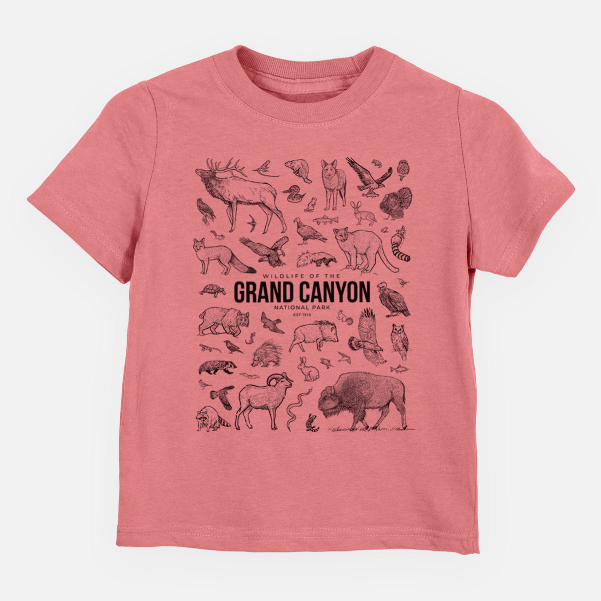 Mauve pink toddler t-shirt laid flat, printed with a collection of black ink wildlife illustrations surrounding the words Grand Canyon National Park.