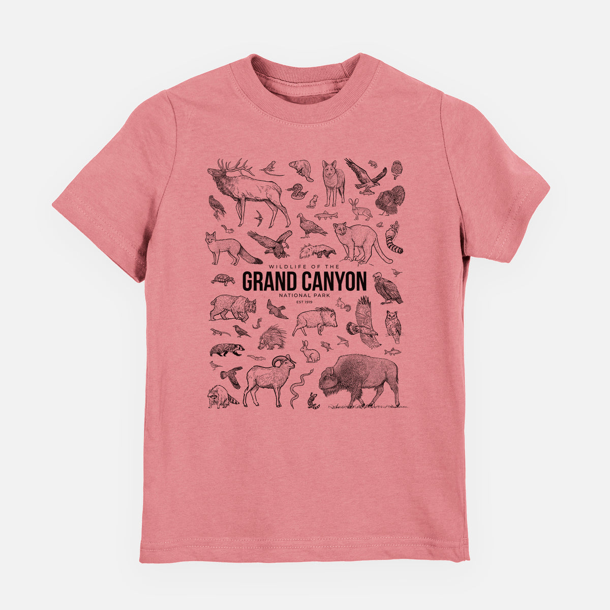 Mauve pink youth t-shirt laid flat, printed with a collection of black ink wildlife illustrations surrounding the words Grand Canyon National Park.