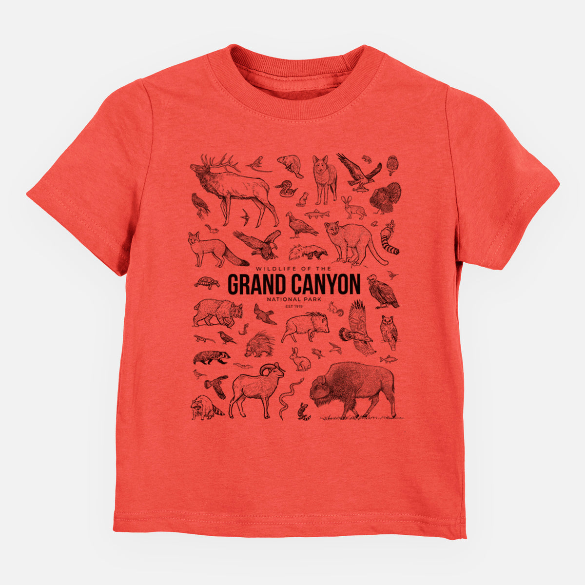 Passionfruit pink toddler t-shirt laid flat, printed with a collection of black ink wildlife illustrations surrounding the words Grand Canyon National Park.