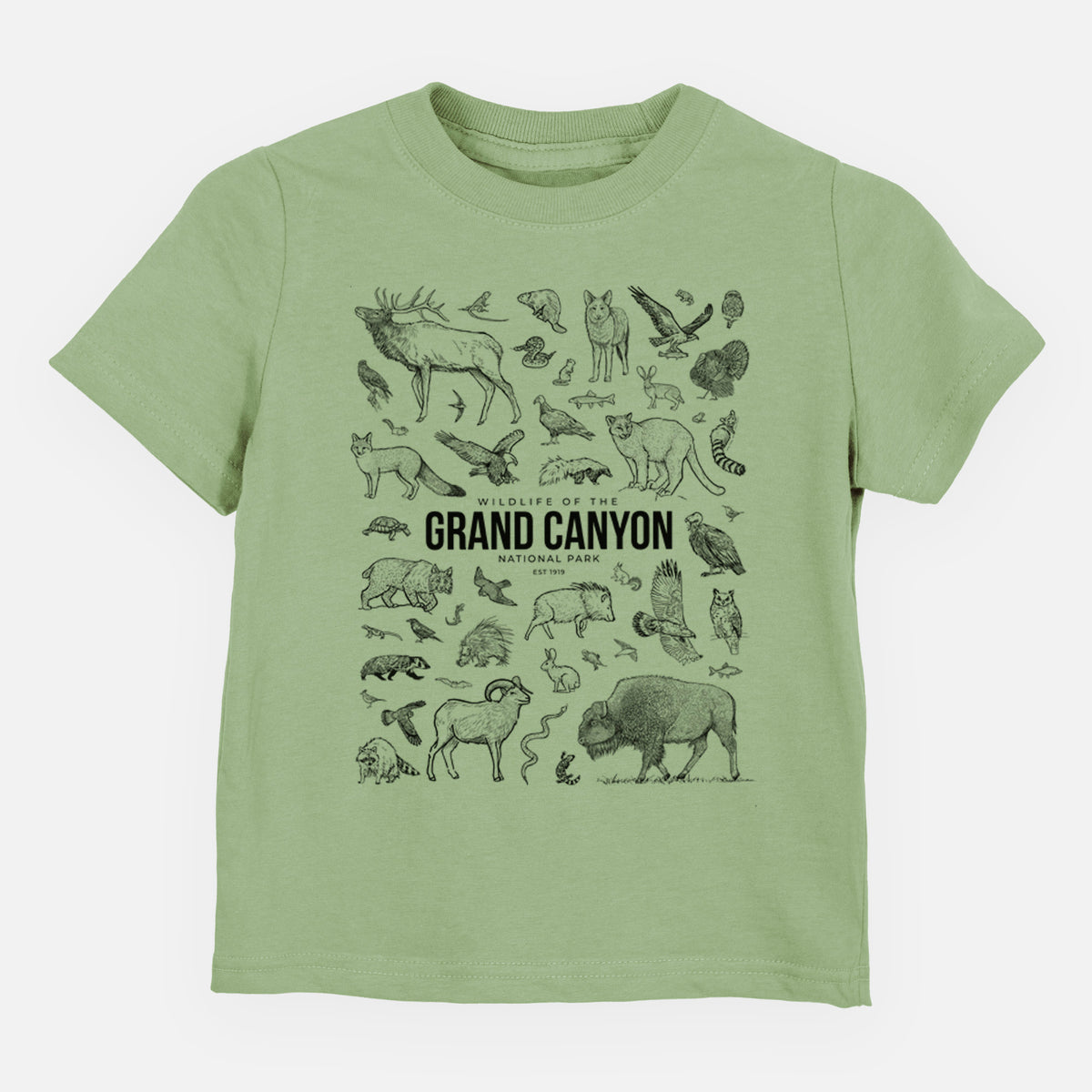 Sage green toddler t-shirt laid flat, printed with a collection of black ink wildlife illustrations surrounding the words Grand Canyon National Park.