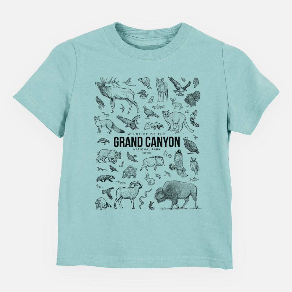 Saltwater toddler t-shirt laid flat, printed with a collection of black ink wildlife illustrations surrounding the words Grand Canyon National Park.