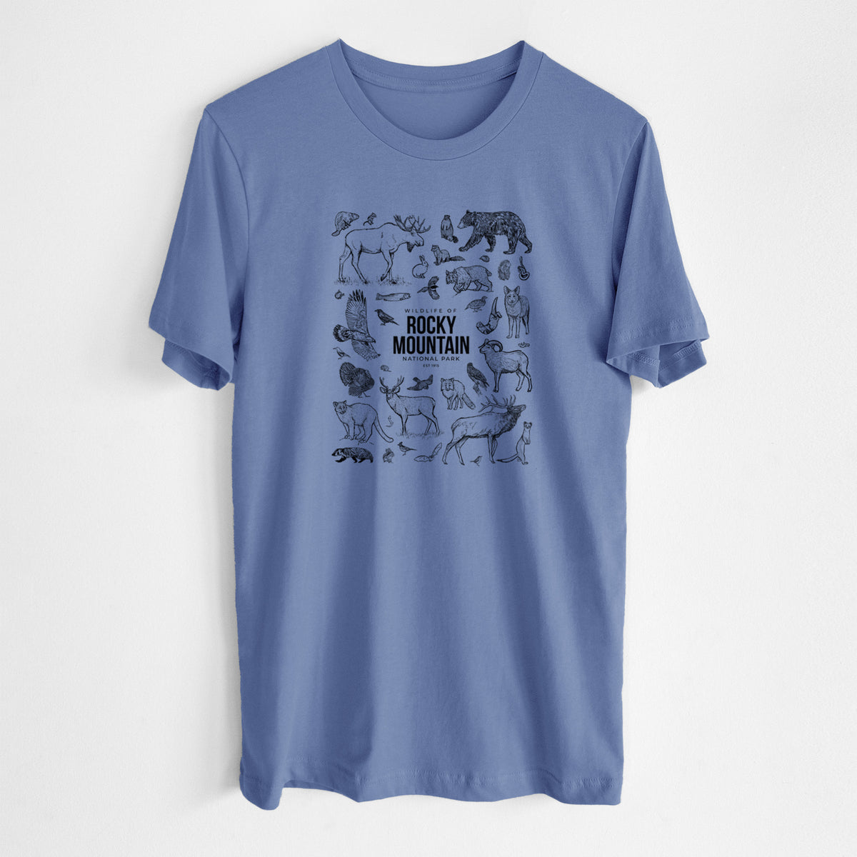 Blue bell lightweight cotton t-shirt laid flat, printed with a collection of black ink wildlife illustrations surrounding the words Rocky Mountain National Park.