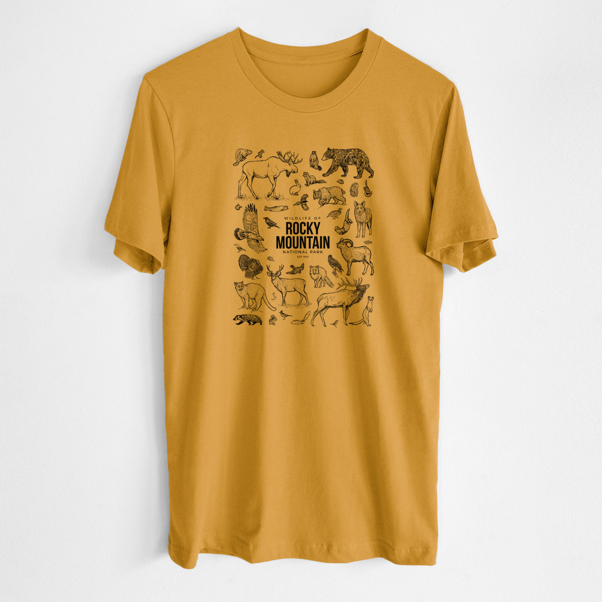 Honeycomb yellow lightweight cotton t-shirt laid flat, printed with a collection of black ink wildlife illustrations surrounding the words Rocky Mountain National Park.