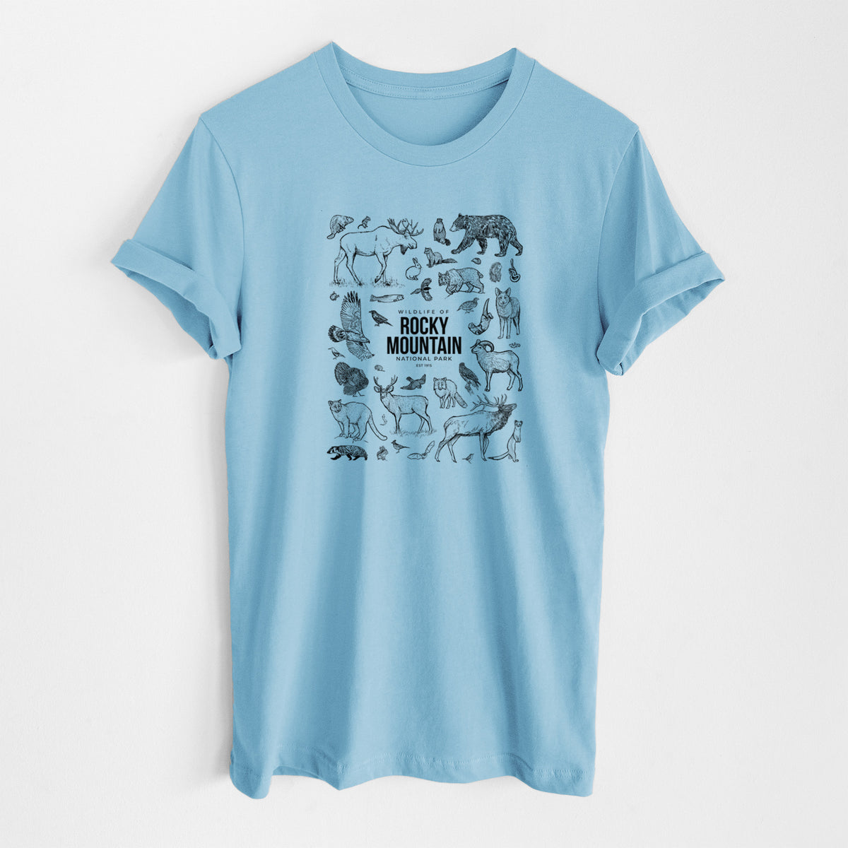 Ocean blue lightweight cotton t-shirt laid flat, printed with a collection of black ink wildlife illustrations surrounding the words Rocky Mountain National Park.