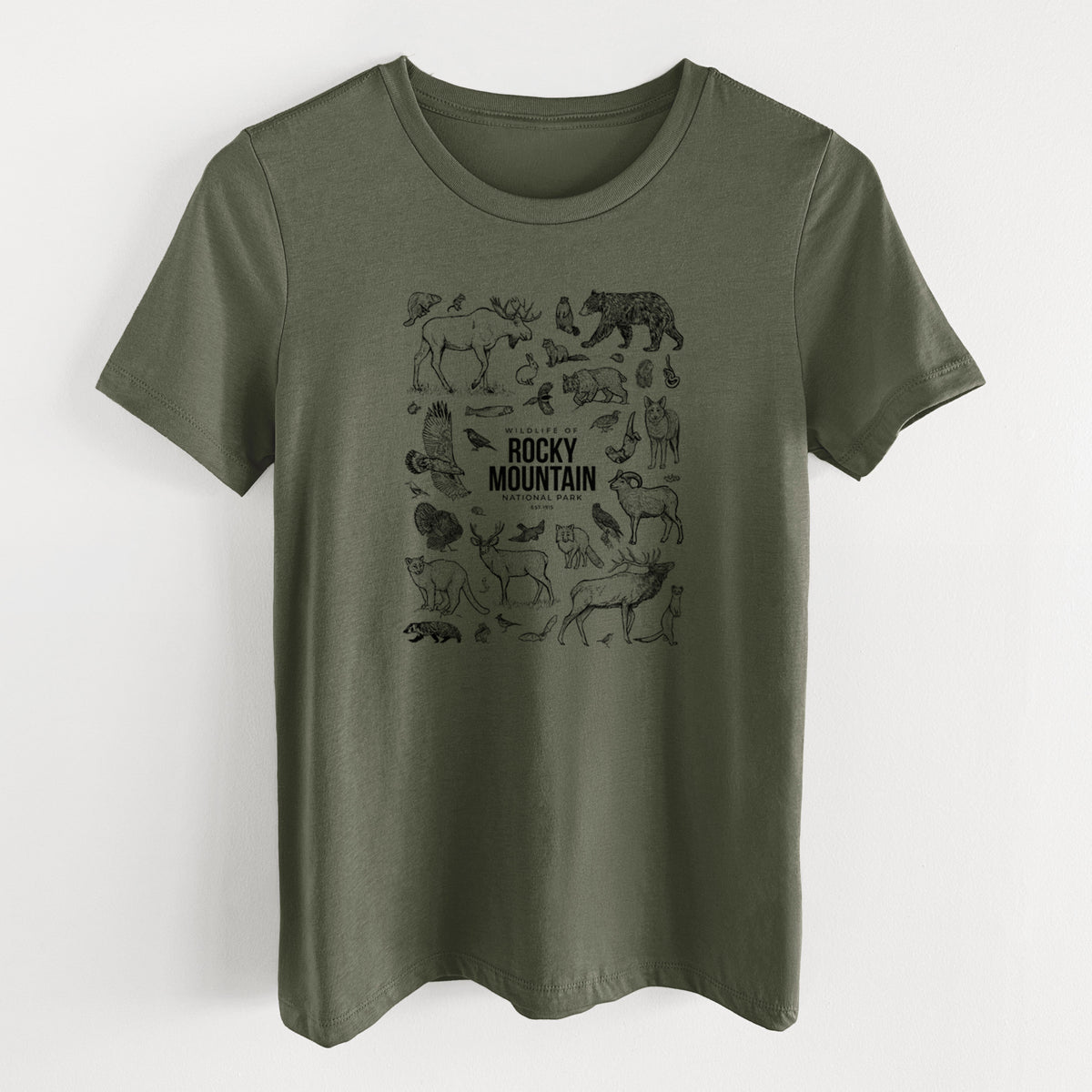 Military green women's relaxed fit cotton t-shirt laid flat, printed with a collection of black ink wildlife illustrations surrounding the words Rocky Mountain National Park.