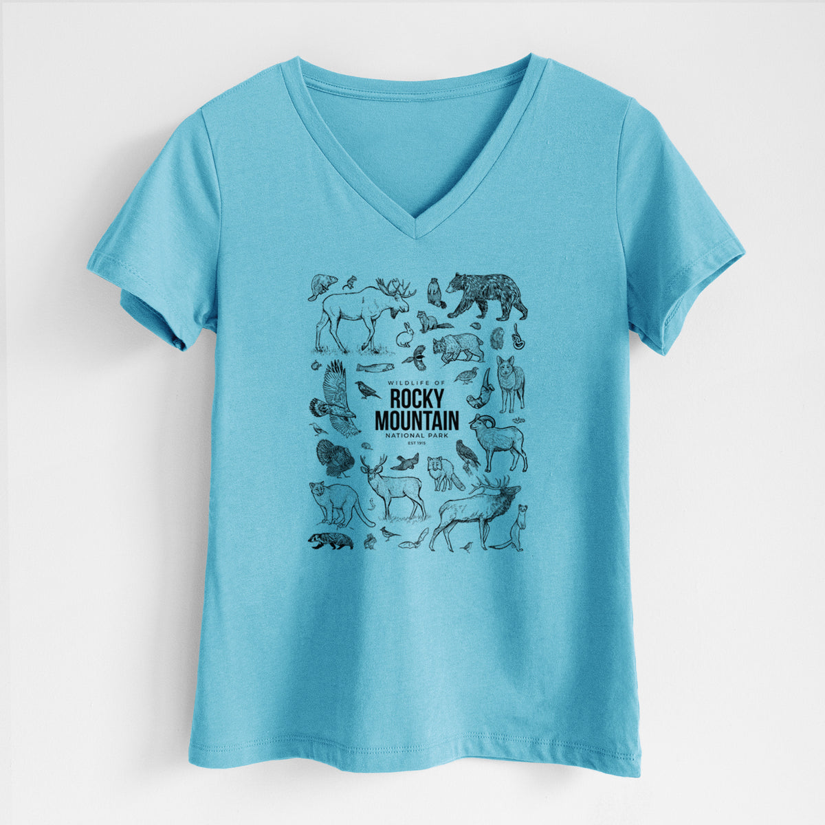 Turquoise women's relaxed fit cotton V-neck t-shirt laid flat, printed with a collection of black ink wildlife illustrations surrounding the words Rocky Mountain National Park.