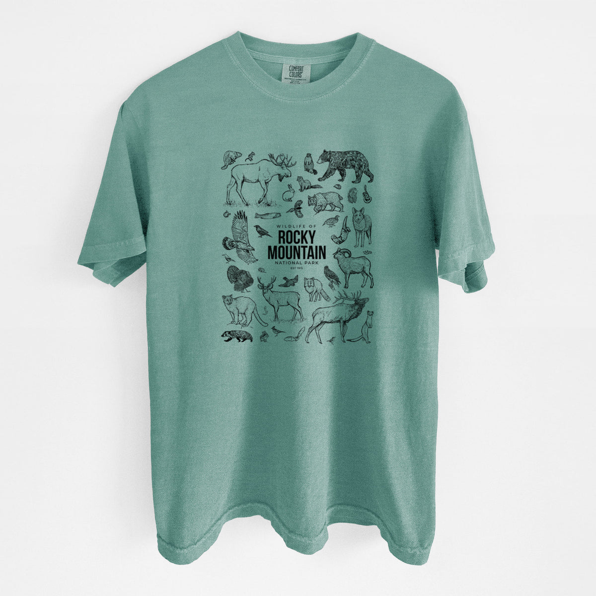 Reef green Comfort Colors t-shirt laid flat, printed with a collection of black ink wildlife illustrations surrounding the words Rocky Mountain National Park.