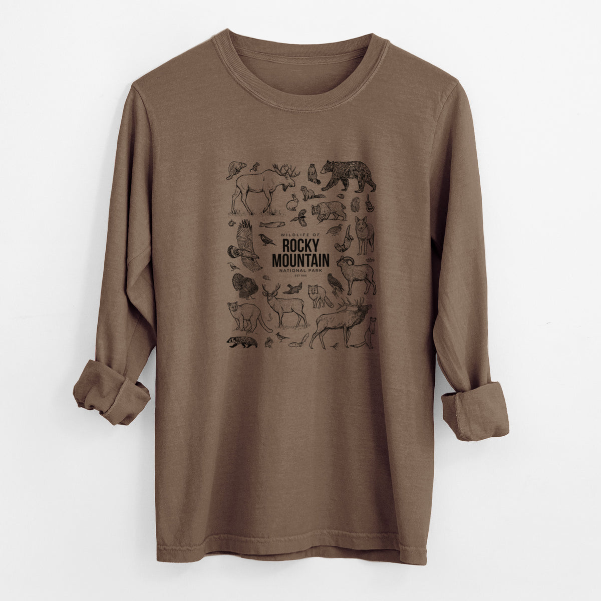 Espresso brown Comfort Colors long sleeve shirt laid flat with the cuffs rolled, printed with a collection of black ink wildlife illustrations surrounding the words Rocky Mountain National Park.