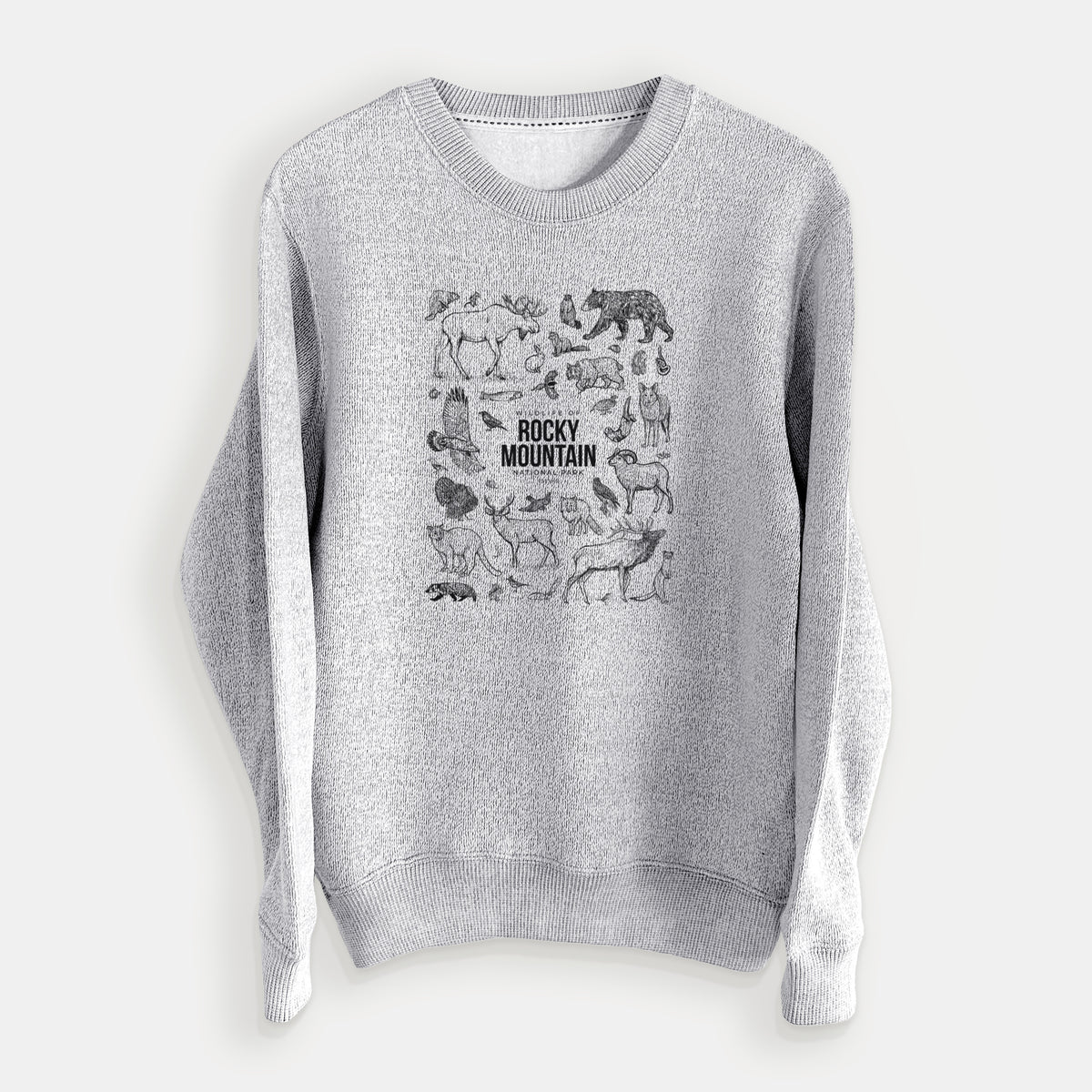 Salt and pepper knit sweatshirt laid flat, printed with a collection of black ink wildlife illustrations surrounding the words Rocky Mountain National Park.