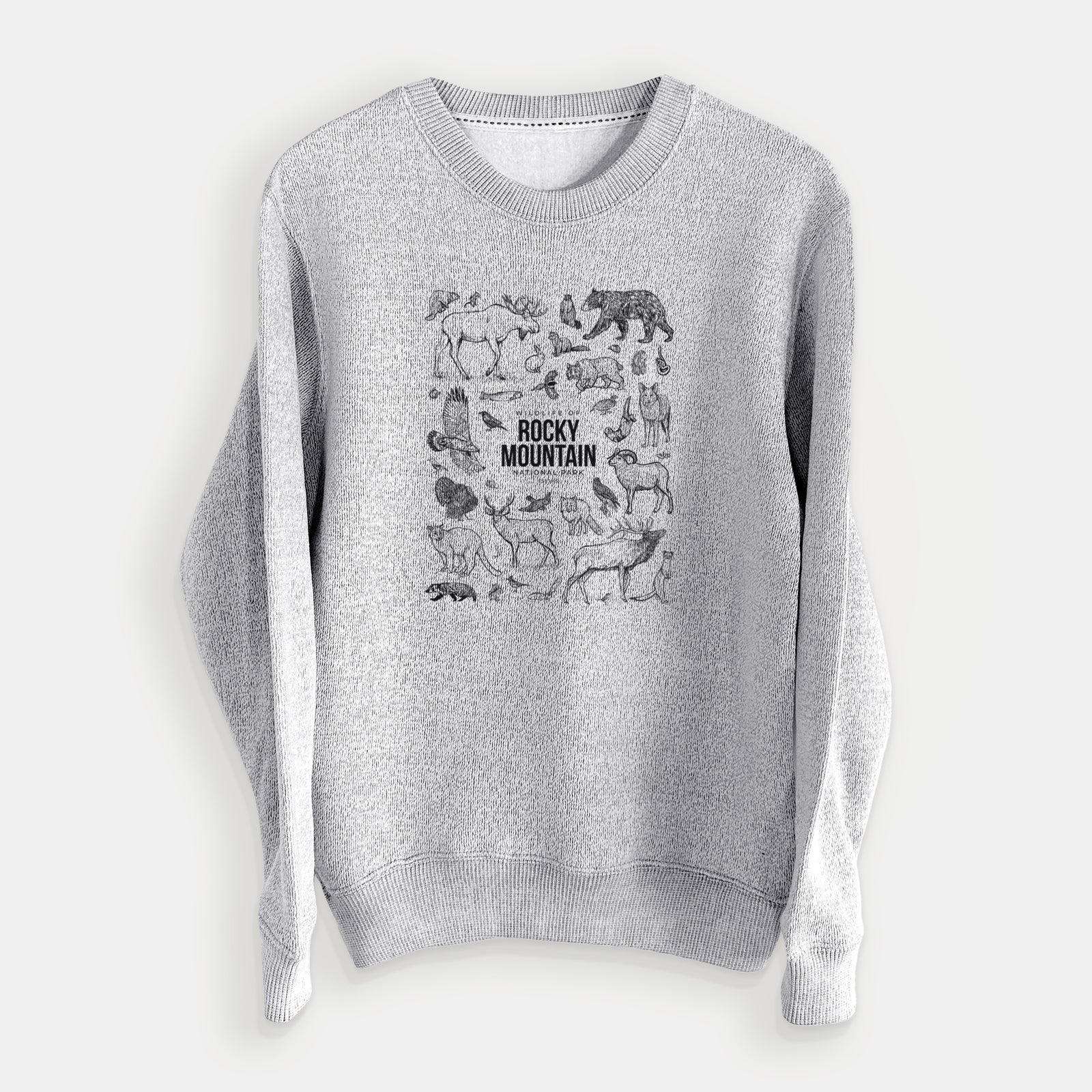 Salt and pepper knit sweatshirt laid flat, printed with a collection of black ink wildlife illustrations surrounding the words Rocky Mountain National Park.