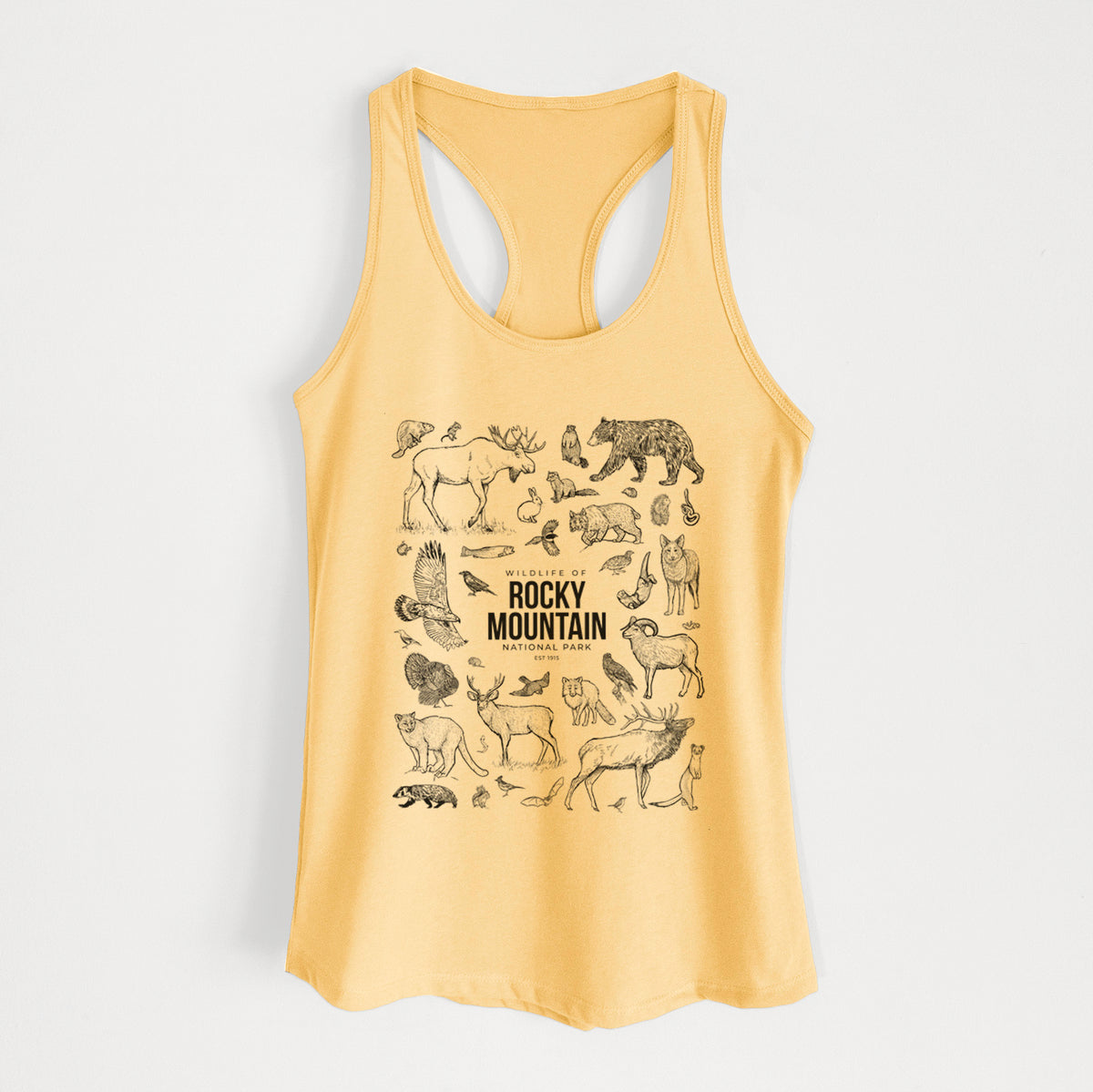 Banana cream women's racerback tank top laid flat, printed with a collection of black ink wildlife illustrations surrounding the words Rocky Mountain National Park.