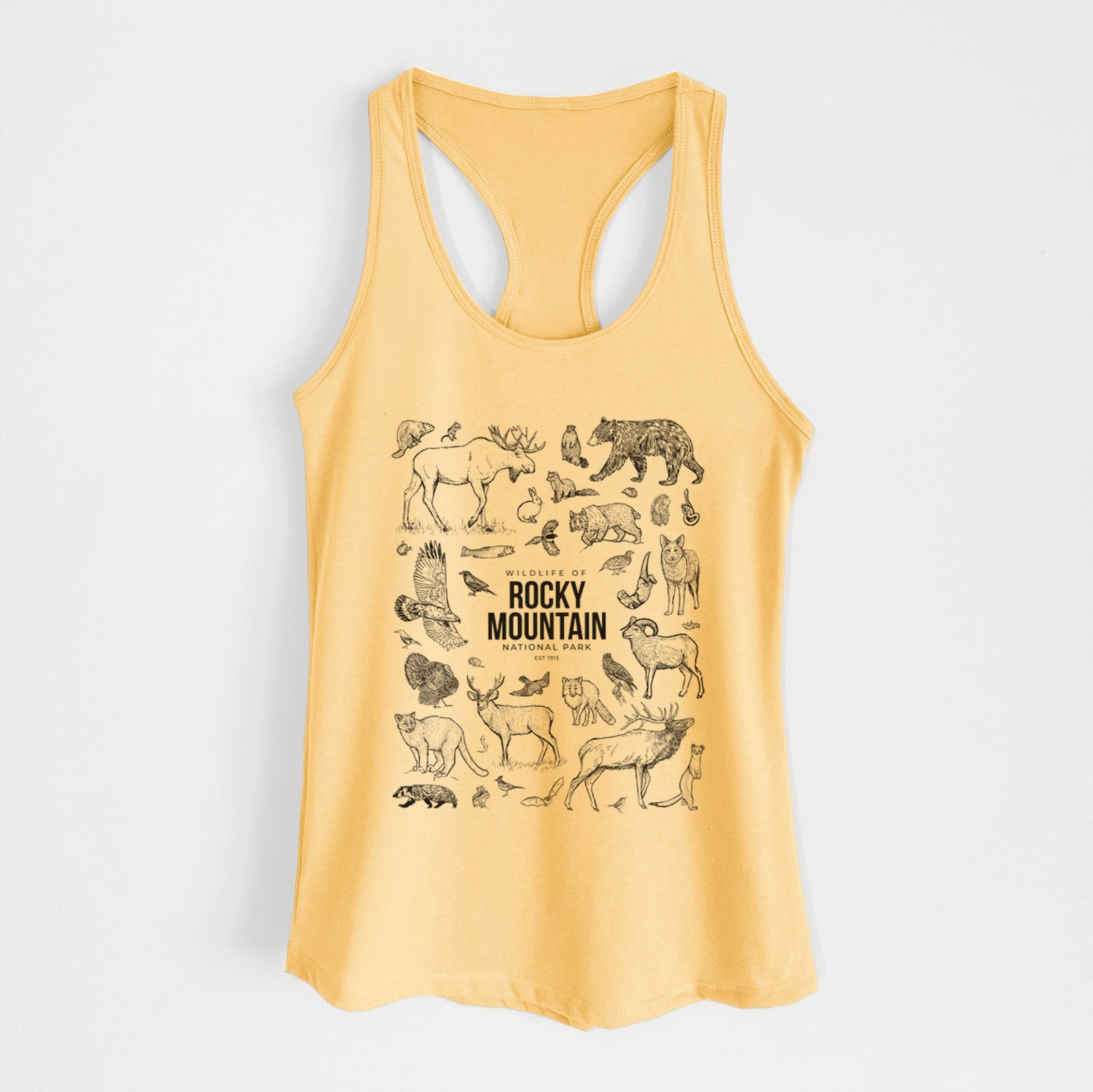 Banana cream women's racerback tank top laid flat, printed with a collection of black ink wildlife illustrations surrounding the words Rocky Mountain National Park.