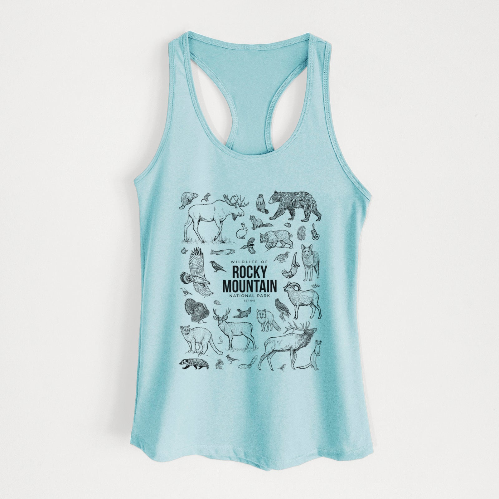 Banana cream women's racerback tank top laid flat, printed with a collection of black ink wildlife illustrations surrounding the words Rocky Mountain National Park.