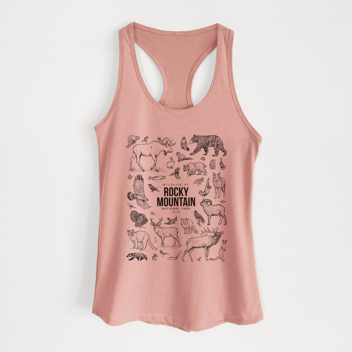 Desert pink women's racerback tank top laid flat, printed with a collection of black ink wildlife illustrations surrounding the words Rocky Mountain National Park.