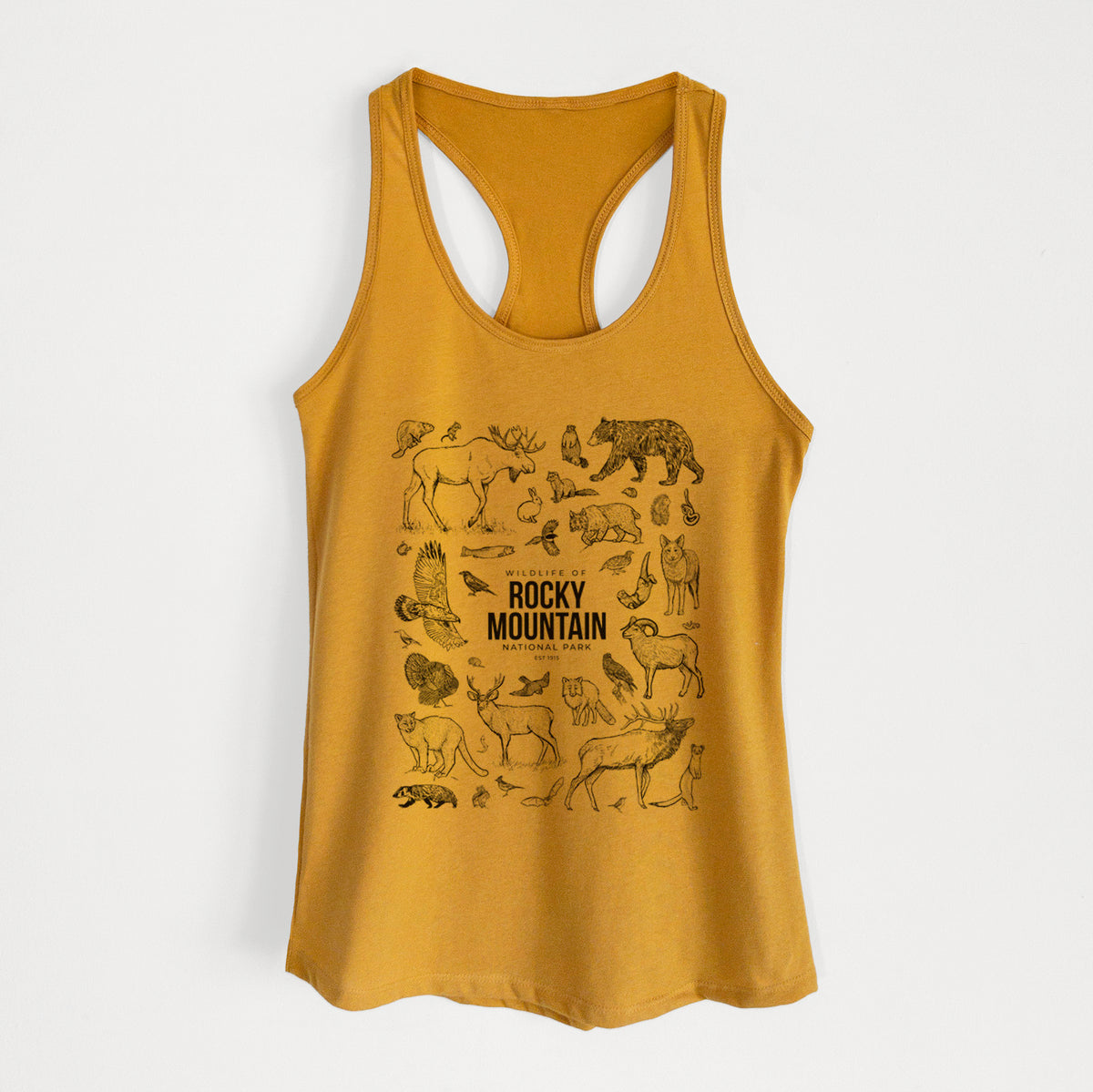 Gold women's racerback tank top laid flat, printed with a collection of black ink wildlife illustrations surrounding the words Rocky Mountain National Park.