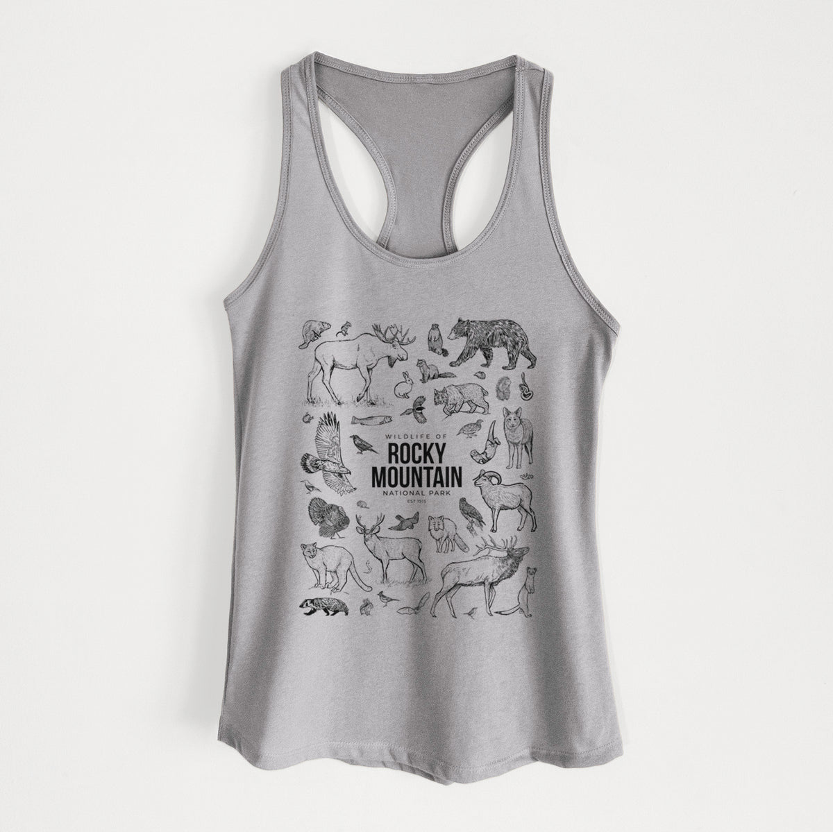 Heather grey women's racerback tank top laid flat, printed with a collection of black ink wildlife illustrations surrounding the words Rocky Mountain National Park.