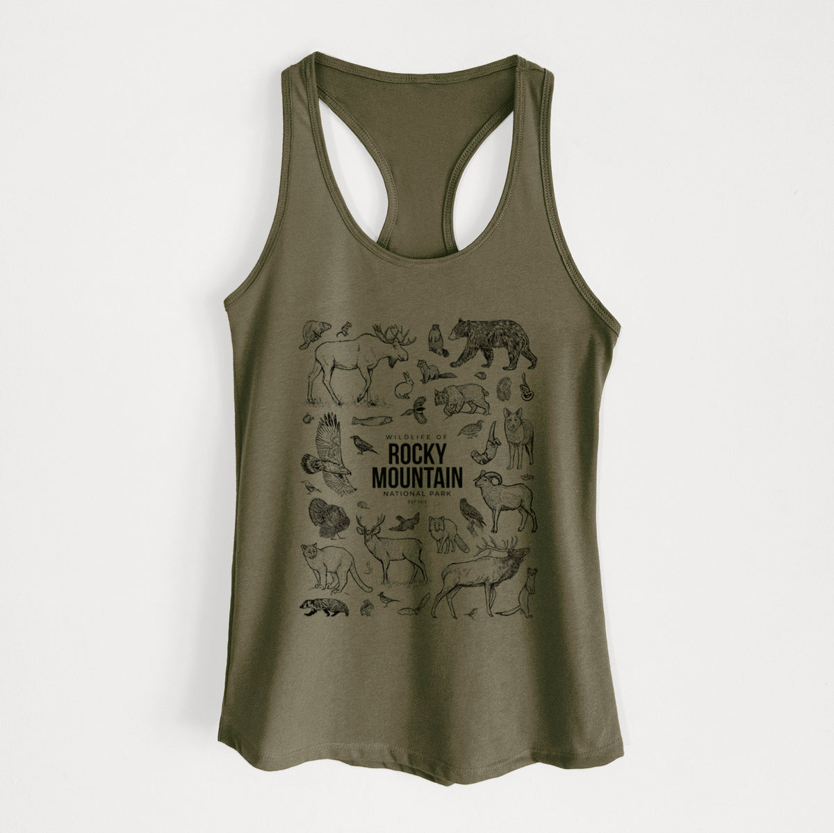 Military green women's racerback tank top laid flat, printed with a collection of black ink wildlife illustrations surrounding the words Rocky Mountain National Park.