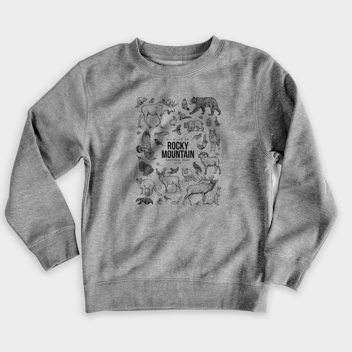 Nickel grey youth crewneck sweatshirt laid flat, printed with a collection of black ink wildlife illustrations surrounding the words Rocky Mountain National Park.