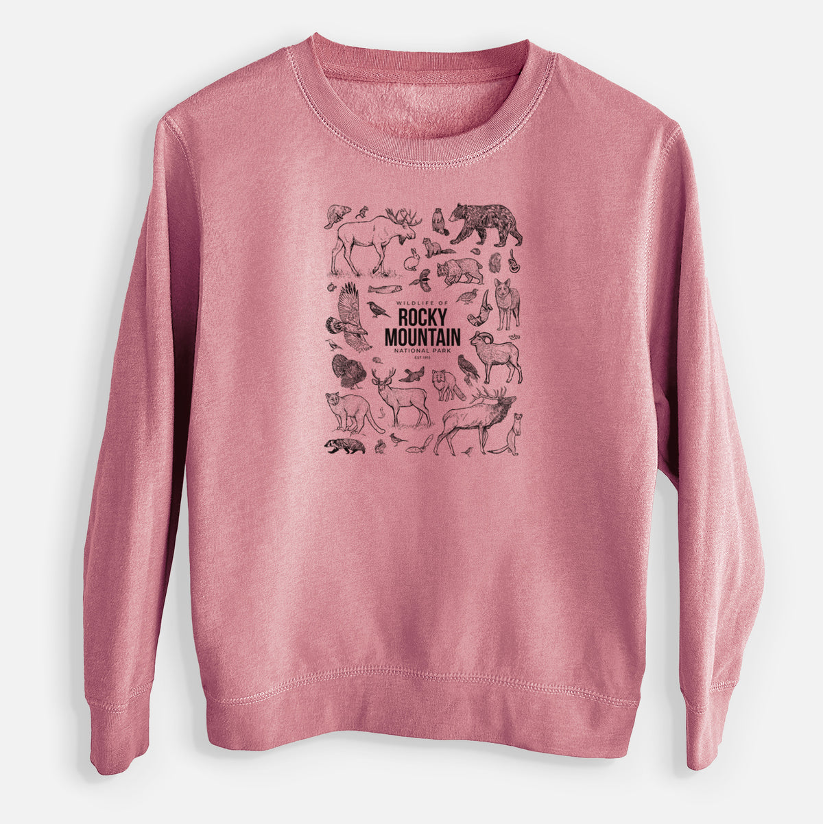 Mauve pink youth crewneck sweatshirt laid flat, printed with a collection of black ink wildlife illustrations surrounding the words Rocky Mountain National Park.