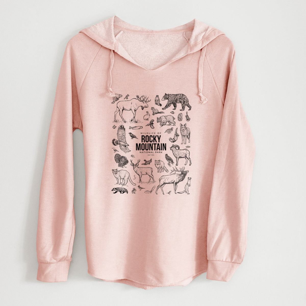 Blush pink women's Cali Wave hooded sweatshirt laid flat, printed with a collection of black ink wildlife illustrations surrounding the words Rocky Mountain National Park.