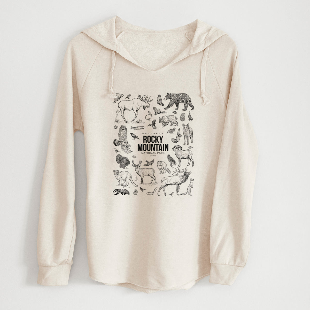 Bone cream women's Cali Wave hooded sweatshirt laid flat, printed with a collection of black ink wildlife illustrations surrounding the words Rocky Mountain National Park.